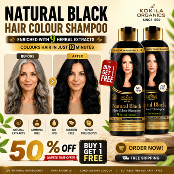 KOKILA ORGANICS Natural Black Hair Colour Shampoo – No Ammonia, No PPD, No Parabens – 100% Grey Coverage in 10 Minutes – Enriched with 9 Herbal Extracts – All-in-One Shampoo, Color & Conditioner – 400ml