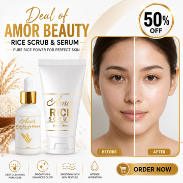 Amor Beauty Rice Scrub & Serum Duo – Pure Rice Power for Perfect Skin – Deep Cleansing, Brightening & Intense Hydration – Unclogs Pores, Evens Tone, Smooths Texture
