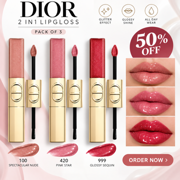Dior 2 IN 1 Lip Gloss Set (Pack of 3) – Glossy Shine & Glitter Effect – Long-Lasting Dual-Ended Formula