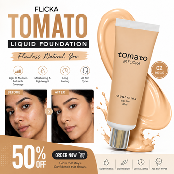 FLiCKA Tomato Liquid Foundation – Light to Medium Buildable Coverage – Moisturizing, Lightweight & Long Lasting