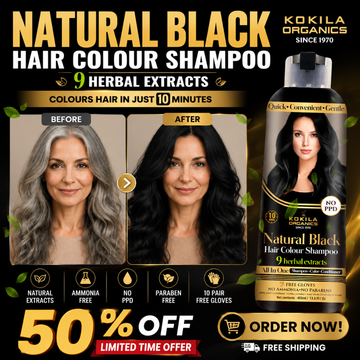 KOKILA ORGANICS Natural Black Hair Colour Shampoo – No Ammonia, No PPD, No Parabens – 100% Grey Coverage in 10 Minutes – Enriched with 9 Herbal Extracts – All-in-One Shampoo, Color & Conditioner – 400ml